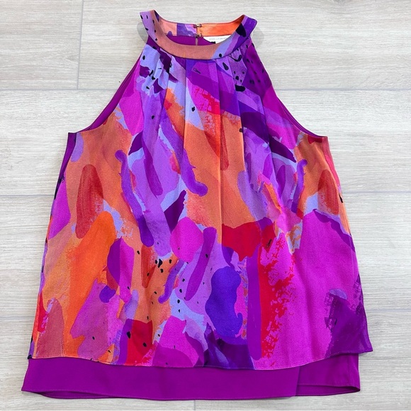Diane Von Furstenberg DVF sleeveless halter silk blouse size 0 purple multicolor - Picture 2 of 6